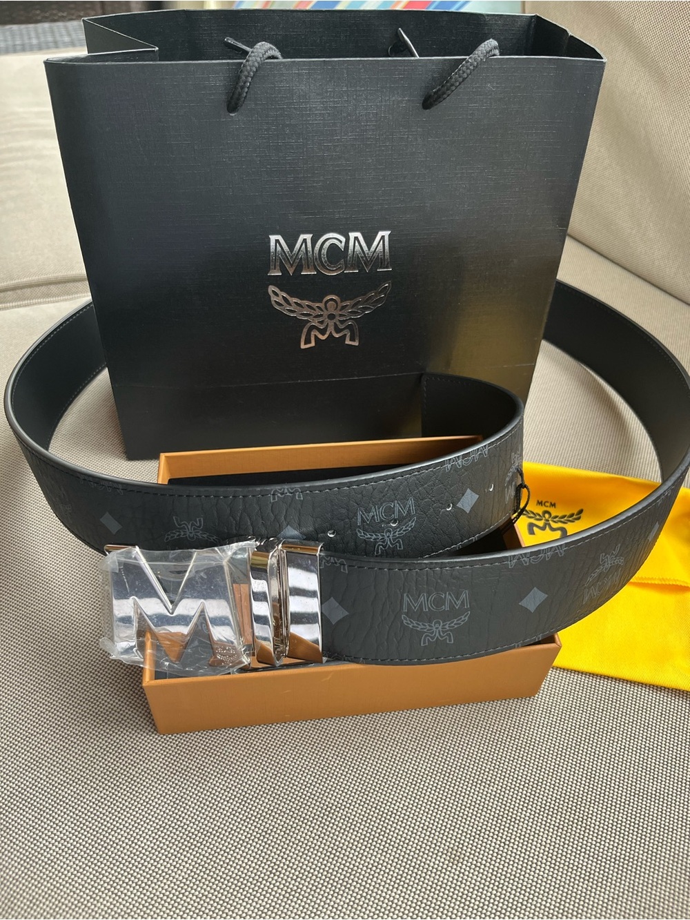 MCM Black Logo-Print Leather Belt with Silver 'M' Buckle 💯 authentic